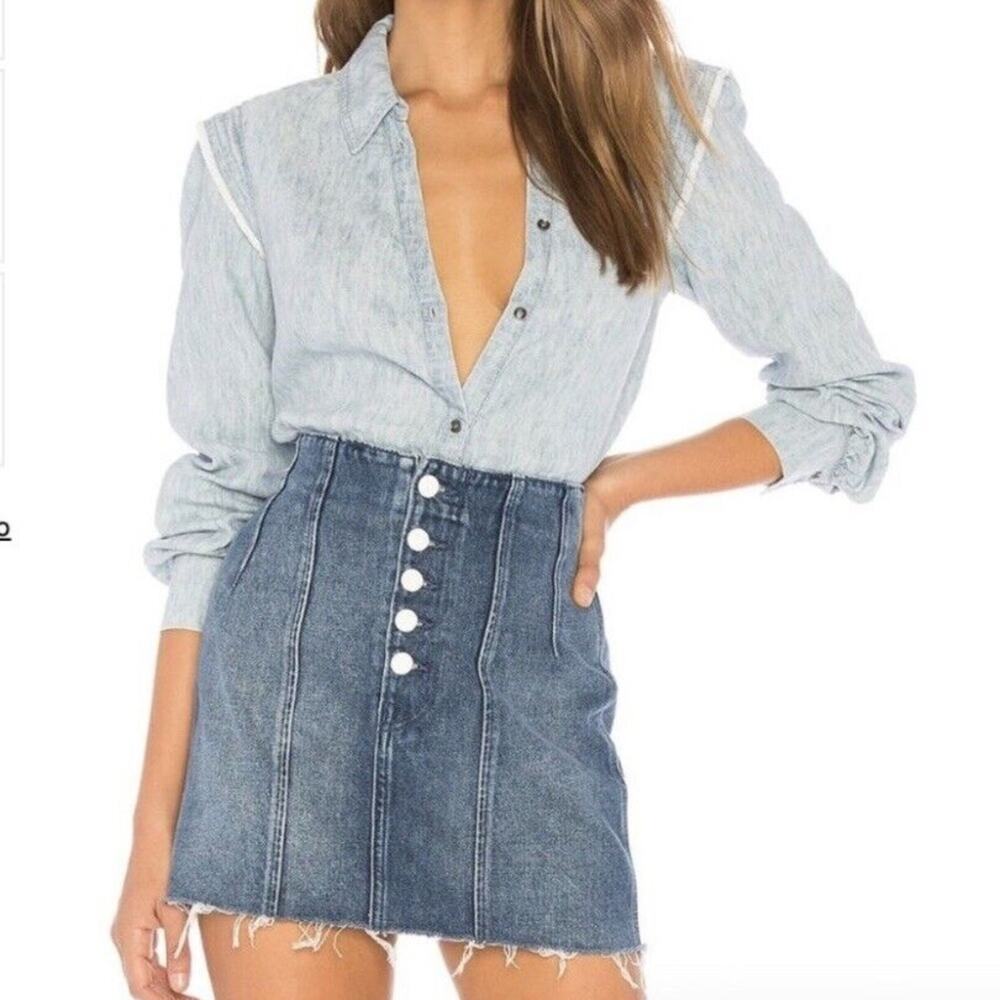 Paige Alia Linen Blend Chambray Denim Button Down Shirt in Cabana Size XS